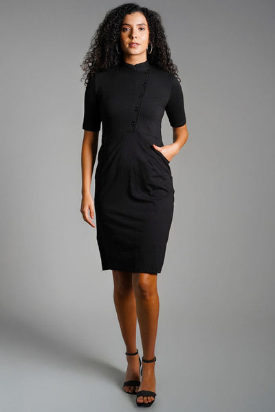 Faux Button Front Black Cotton Jersey Sheath Dress