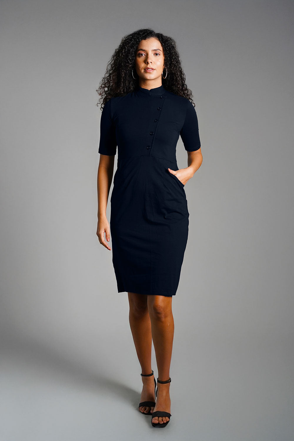 Faux Button Front Navy Cotton Jersey Sheath Dress