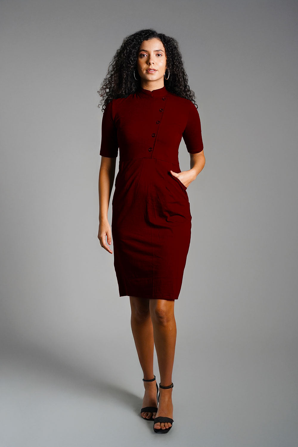 Faux Button Front Maroon Cotton Jersey Sheath Dress