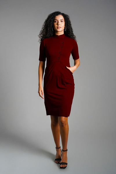 Faux Button Front Maroon Cotton Jersey Sheath Dress