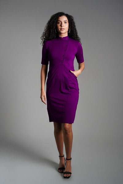 Faux Button Front Purple Cotton Jersey Sheath Dress