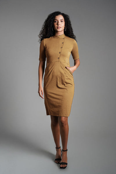 Faux Button Front Beige Cotton Jersey Sheath Dress