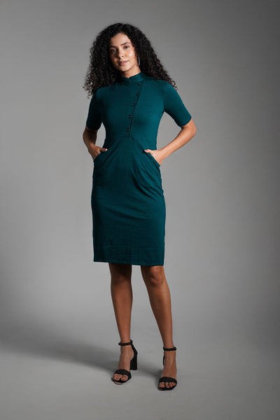 Faux Button Front Teal Cotton Jersey Sheath Dress
