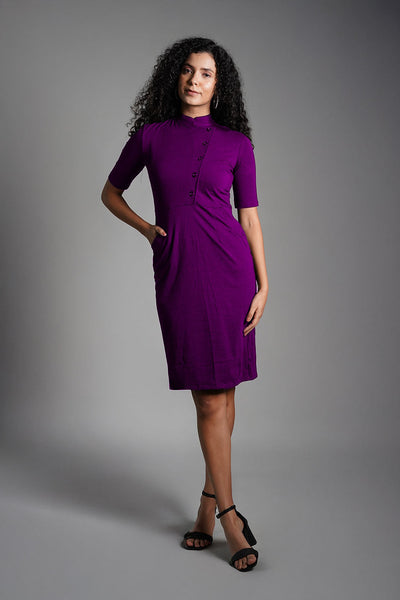 Faux Button Front Purple Cotton Jersey Sheath Dress