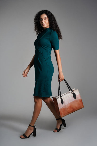 Faux Button Front Teal Cotton Jersey Sheath Dress