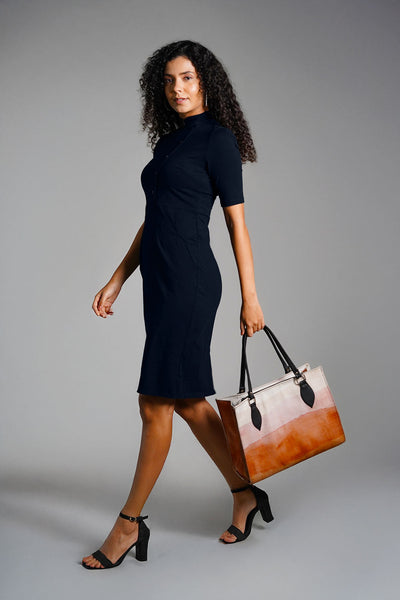 Faux Button Front Navy Cotton Jersey Sheath Dress