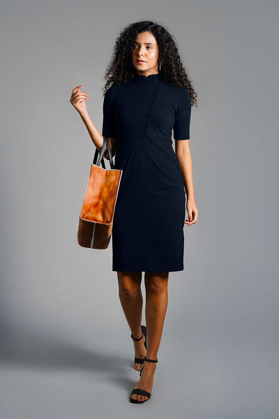 Faux Button Front Navy Cotton Jersey Sheath Dress