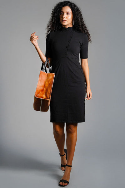 Faux Button Front Black Cotton Jersey Sheath Dress