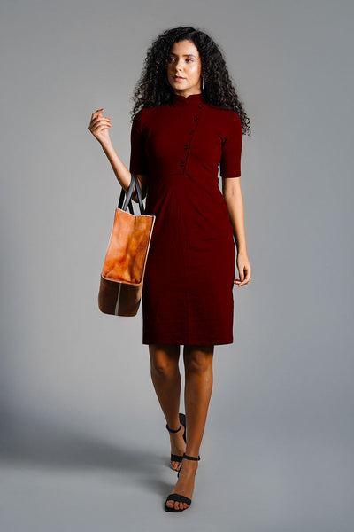Faux Button Front Maroon Cotton Jersey Sheath Dress