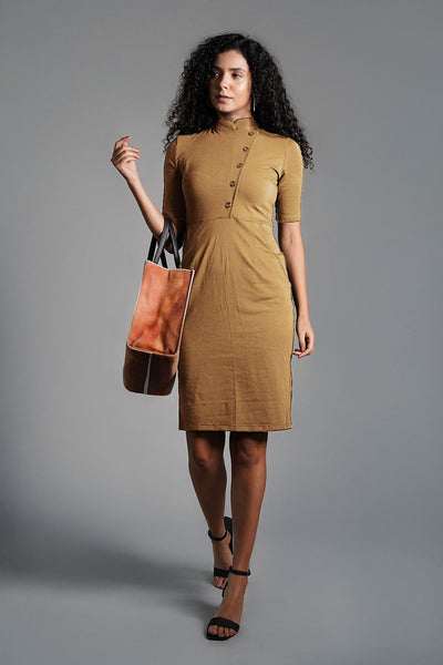 Faux Button Front Beige Cotton Jersey Sheath Dress