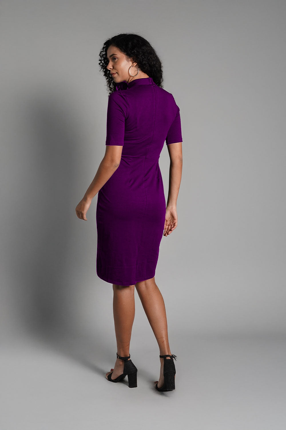 Faux Button Front Purple Cotton Jersey Sheath Dress