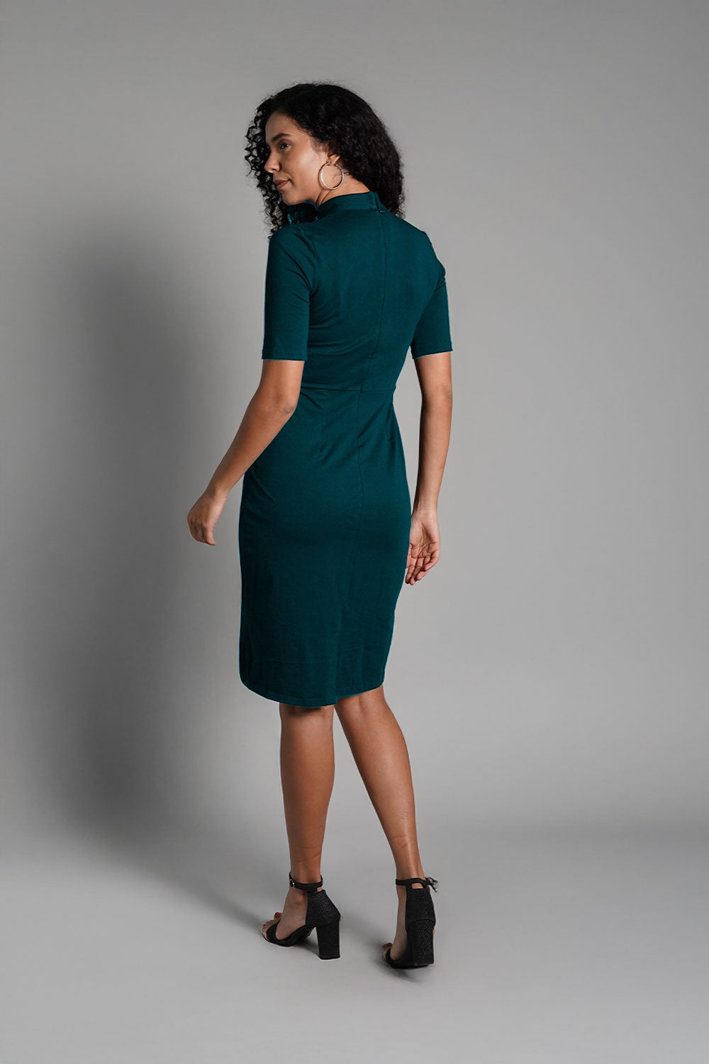 Faux Button Front Teal Cotton Jersey Sheath Dress