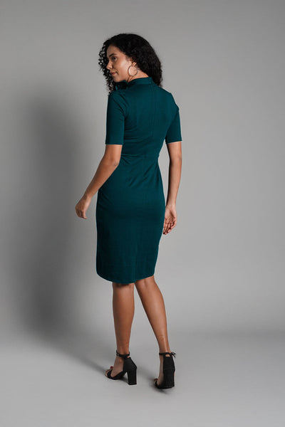 Faux Button Front Teal Cotton Jersey Sheath Dress