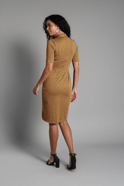 Faux Button Front Beige Cotton Jersey Sheath Dress