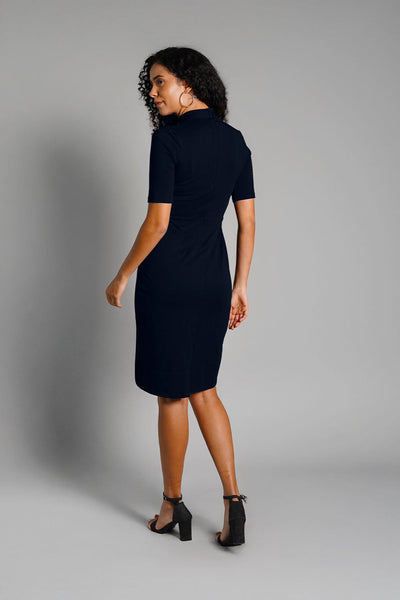 Faux Button Front Navy Cotton Jersey Sheath Dress