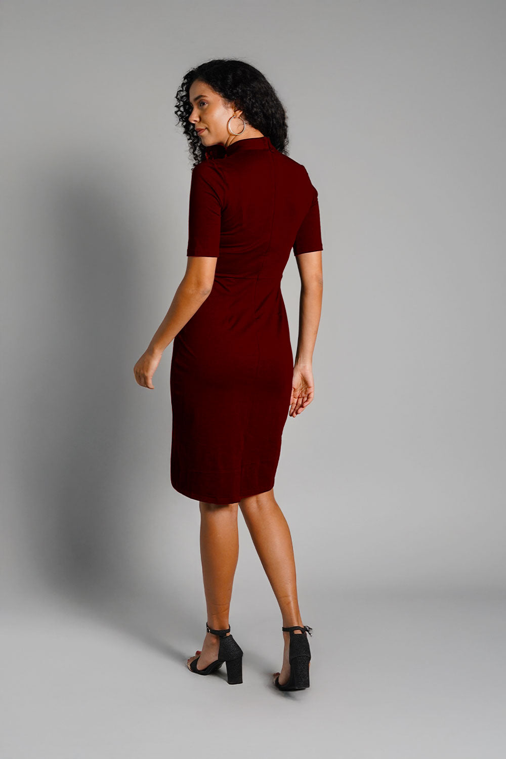 Faux Button Front Maroon Cotton Jersey Sheath Dress