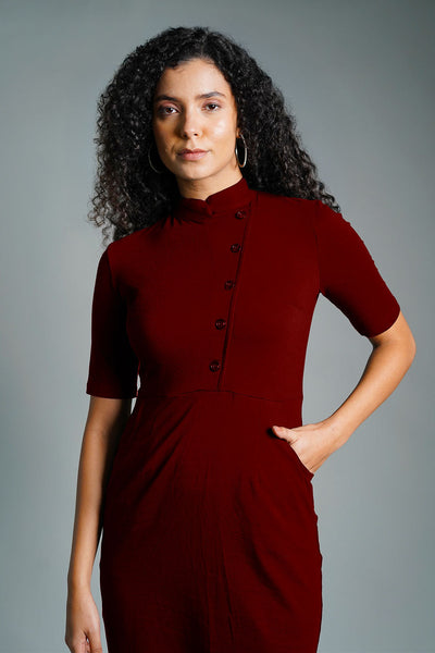 Faux Button Front Maroon Cotton Jersey Sheath Dress