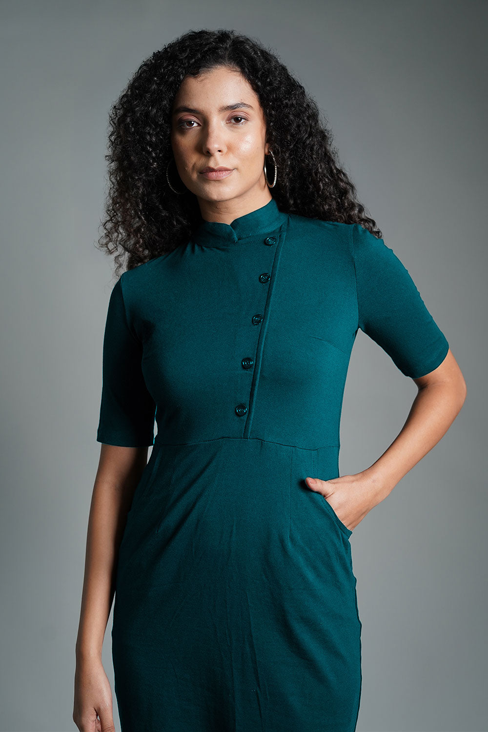 Faux Button Front Teal Cotton Jersey Sheath Dress