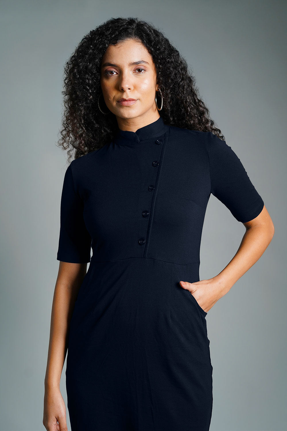 Faux Button Front Navy Cotton Jersey Sheath Dress