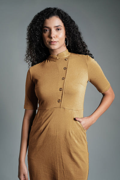 Faux Button Front Beige Cotton Jersey Sheath Dress