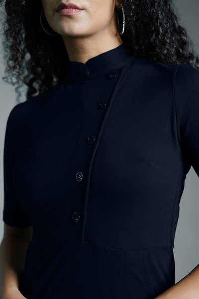 Faux Button Front Navy Cotton Jersey Sheath Dress