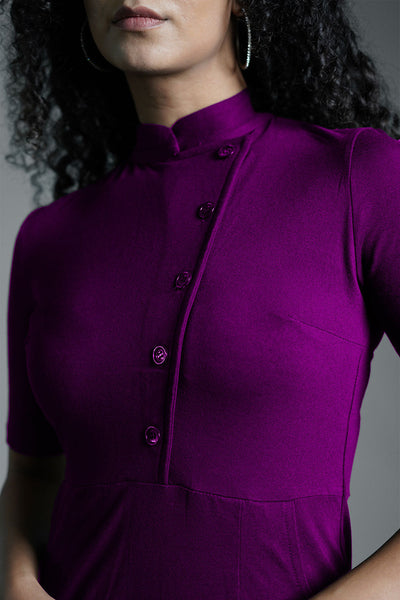 Faux Button Front Purple Cotton Jersey Sheath Dress