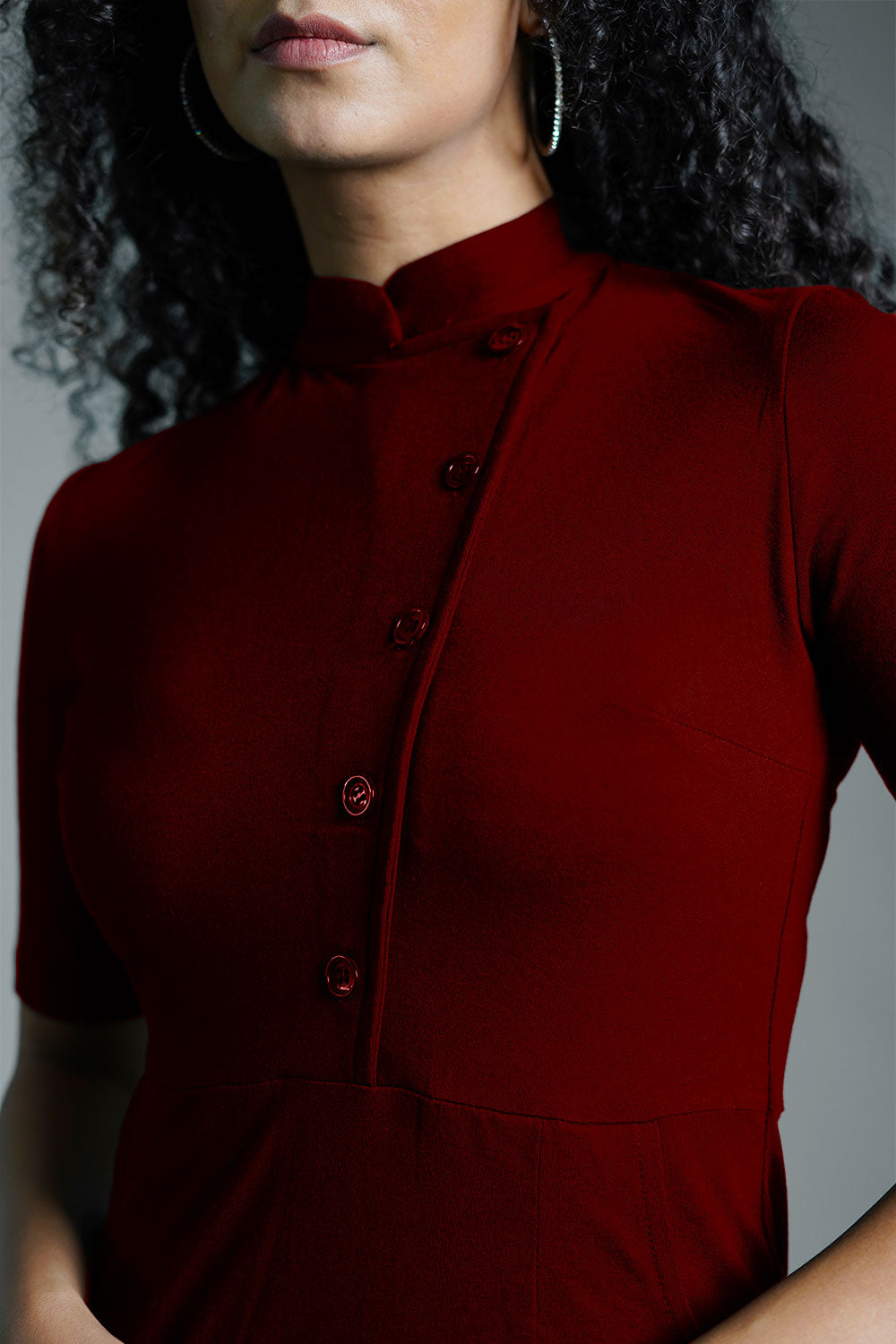 Faux Button Front Maroon Cotton Jersey Sheath Dress