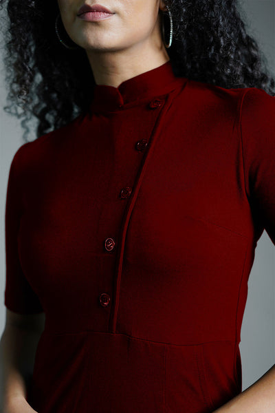 Faux Button Front Maroon Cotton Jersey Sheath Dress