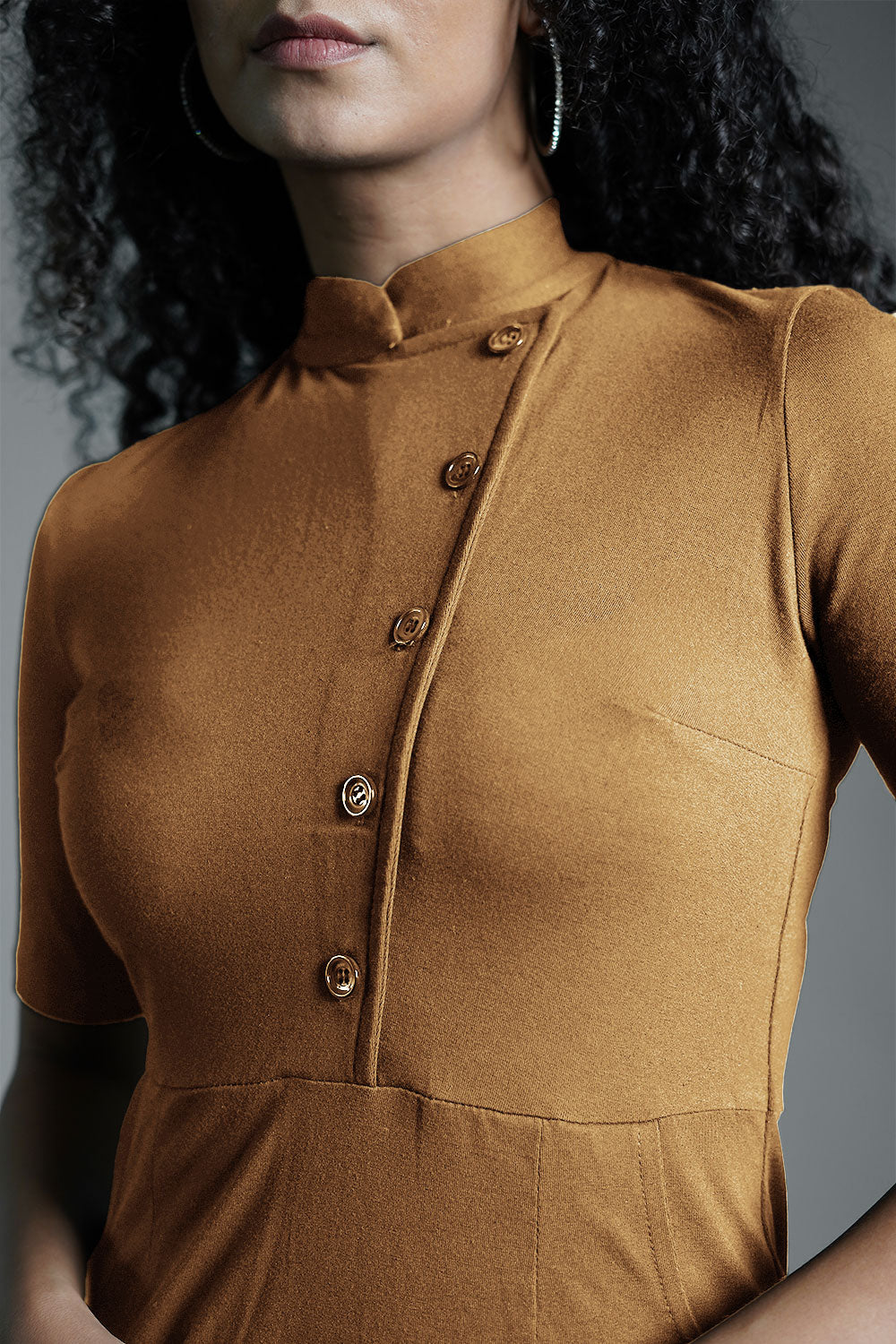 Faux Button Front Beige Cotton Jersey Sheath Dress