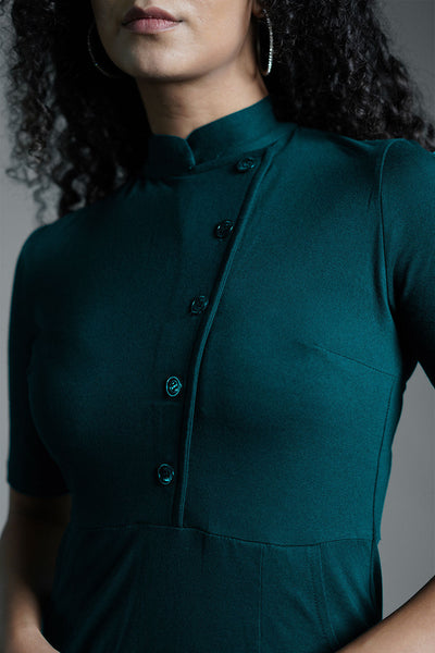 Faux Button Front Teal Cotton Jersey Sheath Dress