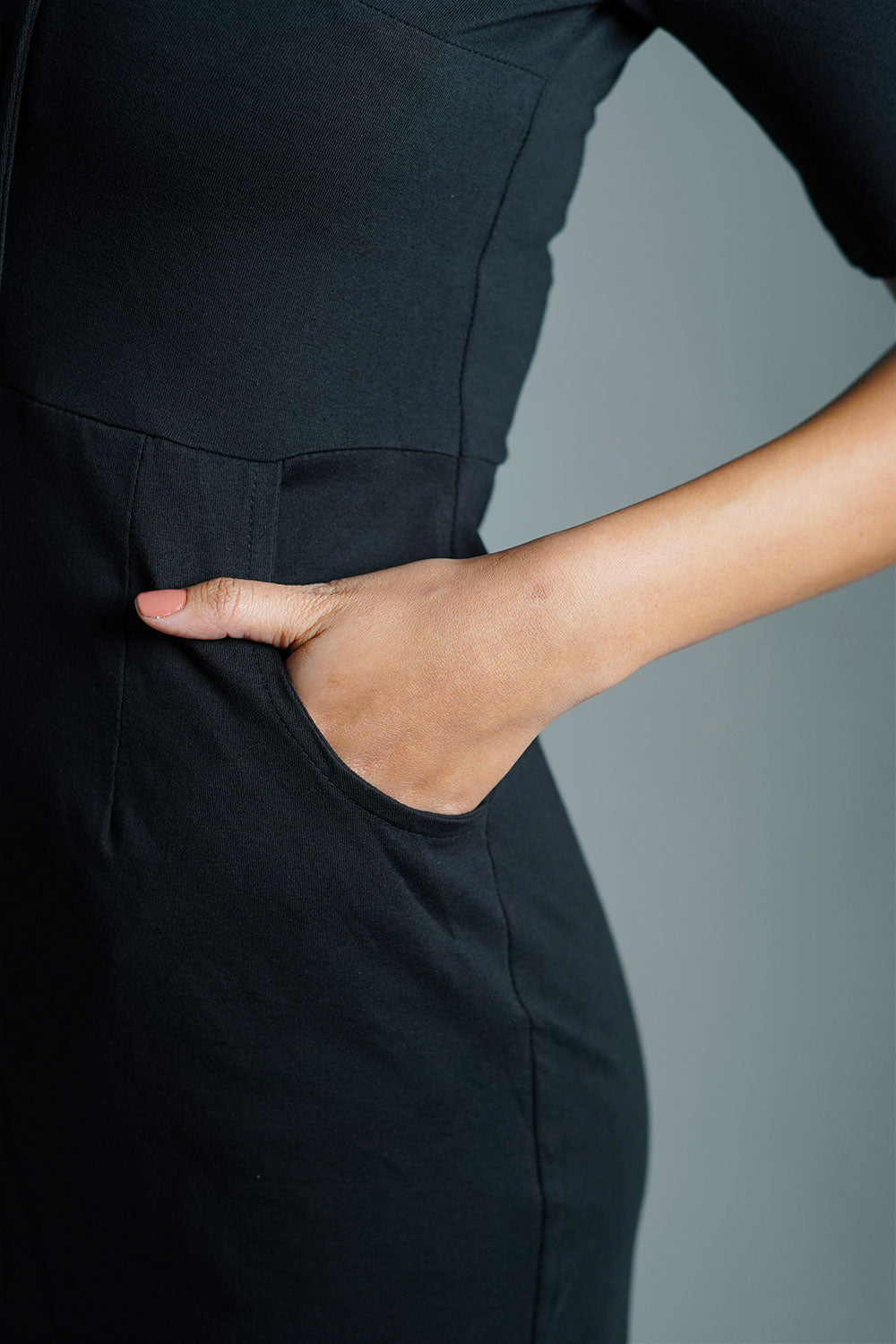 Faux Button Front Black Cotton Jersey Sheath Dress