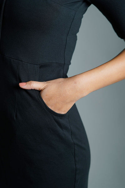 Faux Button Front Black Cotton Jersey Sheath Dress