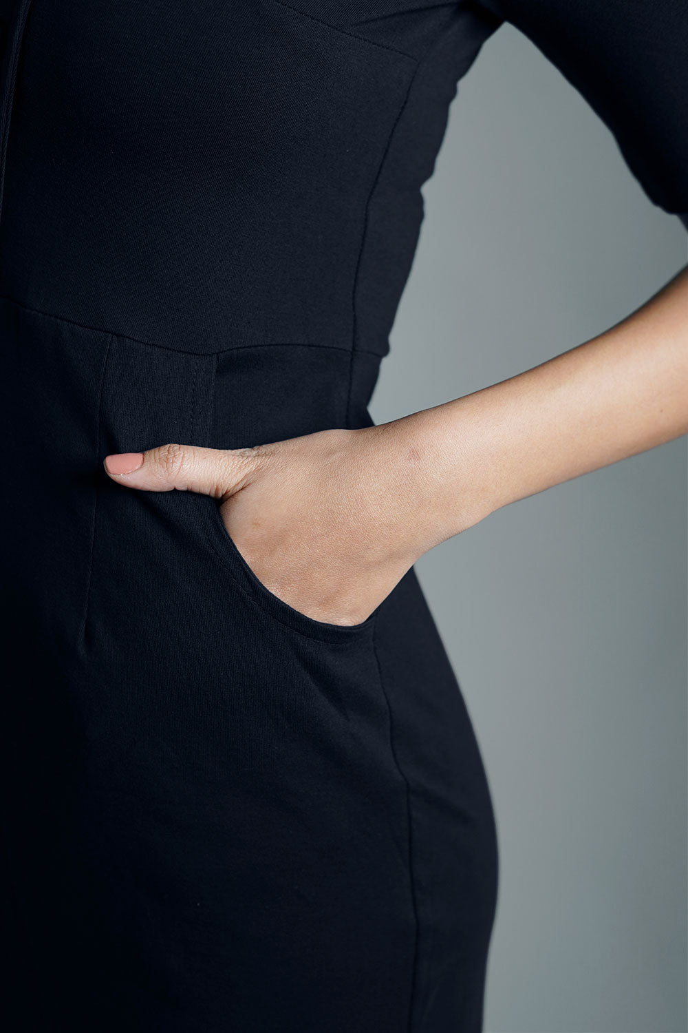 Faux Button Front Navy Cotton Jersey Sheath Dress