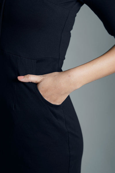 Faux Button Front Navy Cotton Jersey Sheath Dress