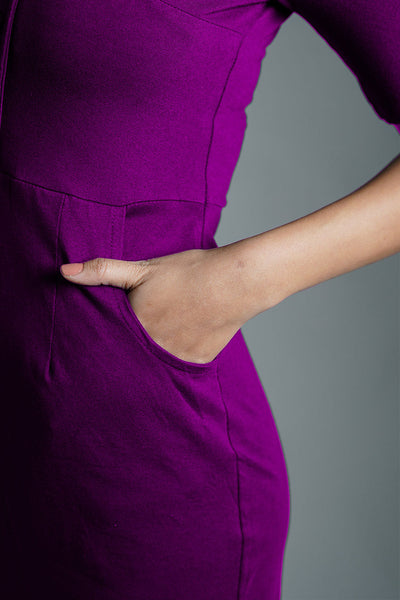 Faux Button Front Purple Cotton Jersey Sheath Dress