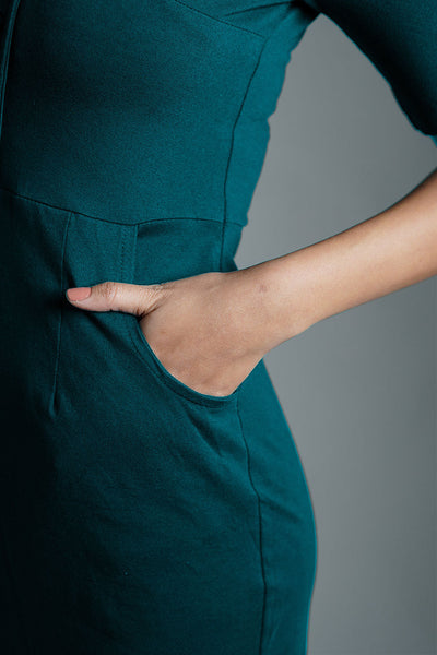 Faux Button Front Teal Cotton Jersey Sheath Dress
