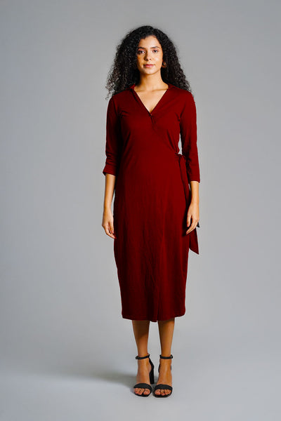 Maroon Cotton Jersey Wrap Dress