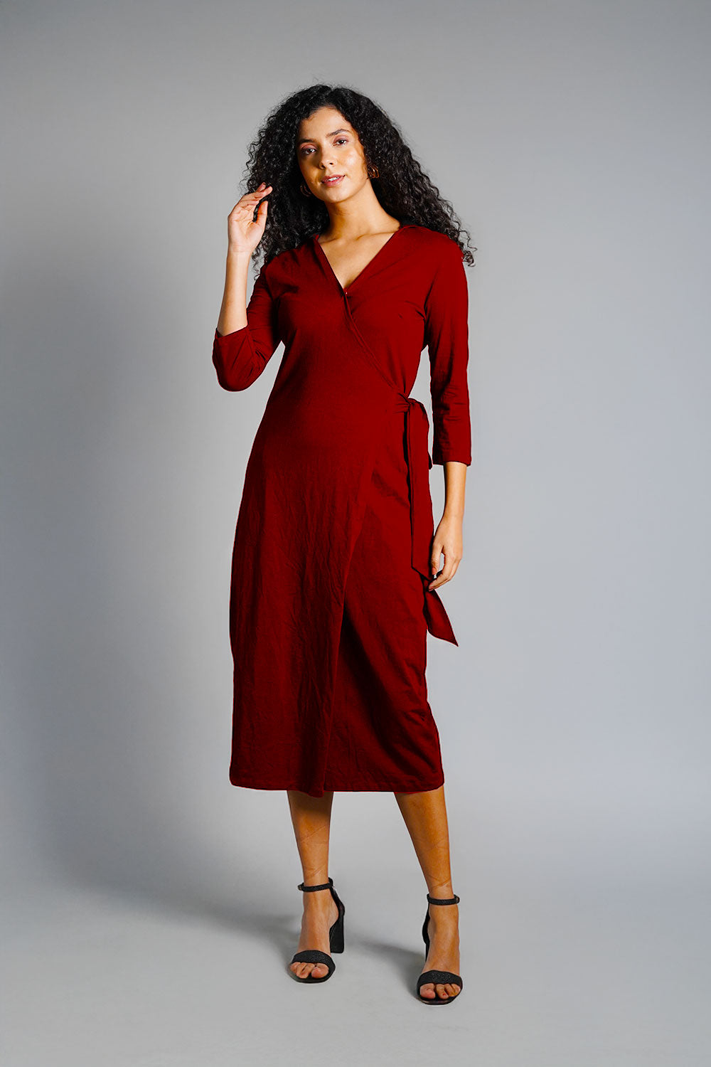 Maroon Cotton Jersey Wrap Dress