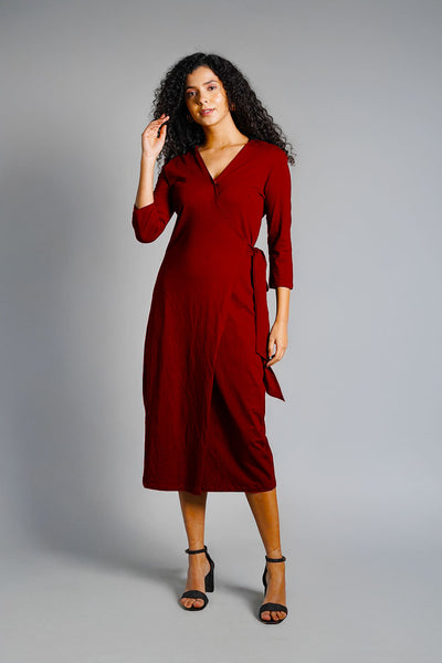 Maroon Cotton Jersey Wrap Dress