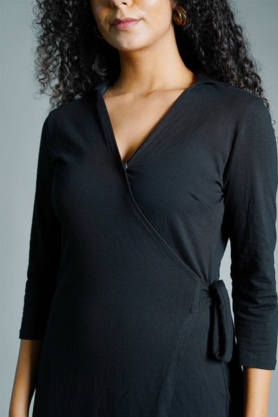 Black Cotton Jersey Wrap Dress
