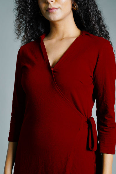 Maroon Cotton Jersey Wrap Dress