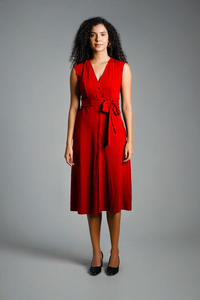 Red Cotton Jersey Banded Empire Shirt Dress