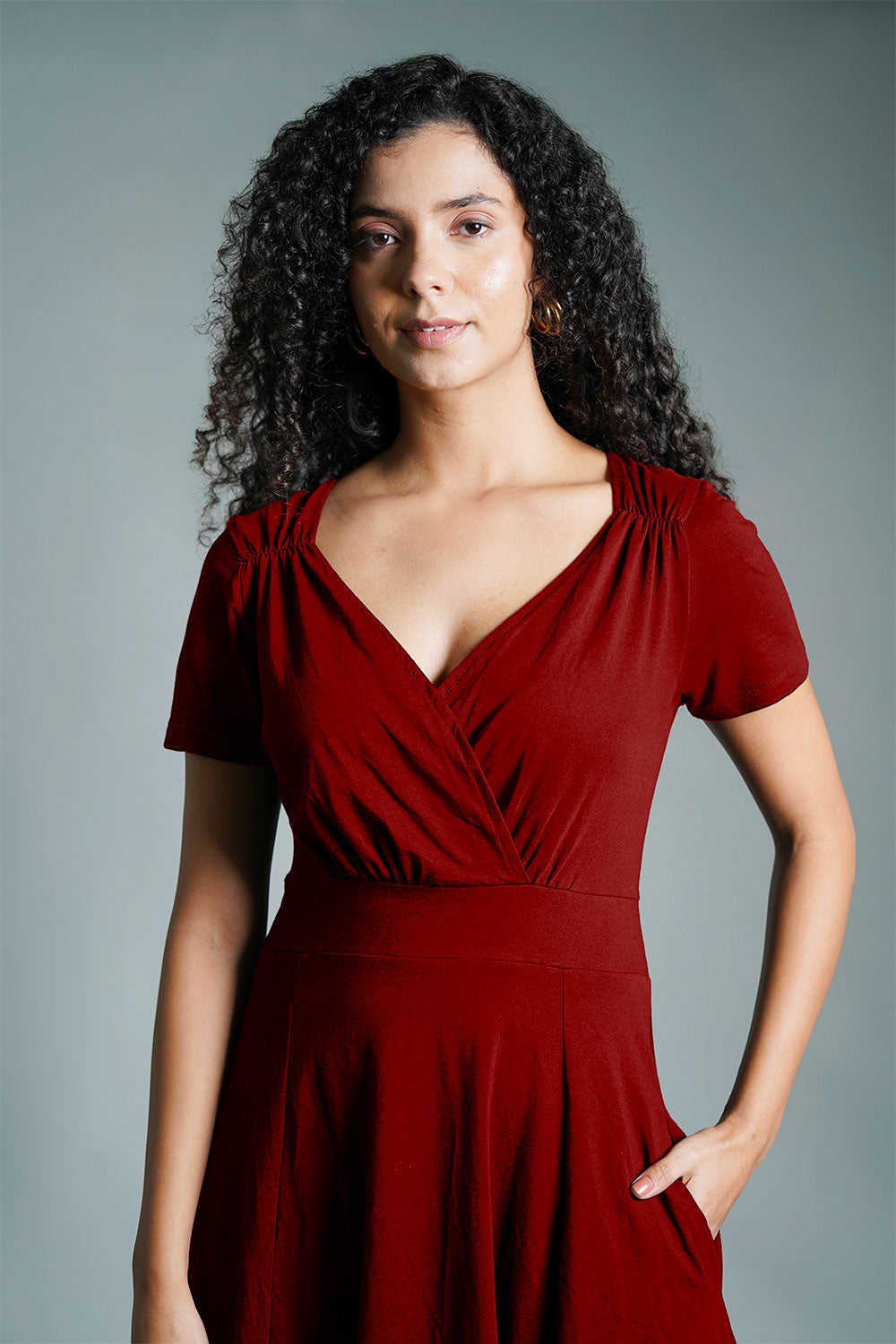 Sweetheart Maroon Cotton Jersey Empire Dress