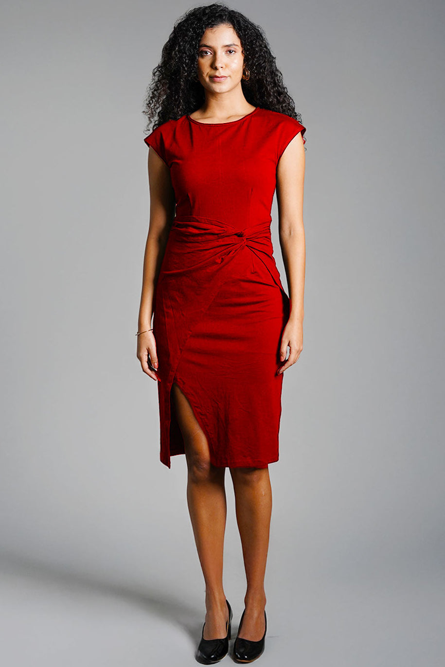 Twist Waist Red Cotton Jersey Sheath Dress