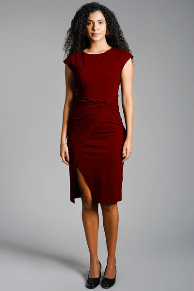 Twist Waist Maroon Cotton Jersey Sheath Dress