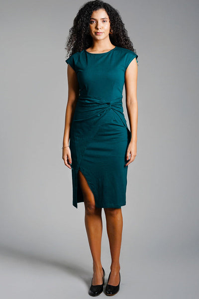 Twist Waist Teal Cotton Jersey Sheath Dress