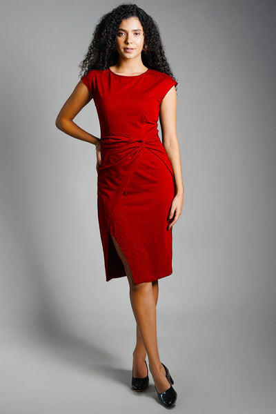 Twist Waist Red Cotton Jersey Sheath Dress