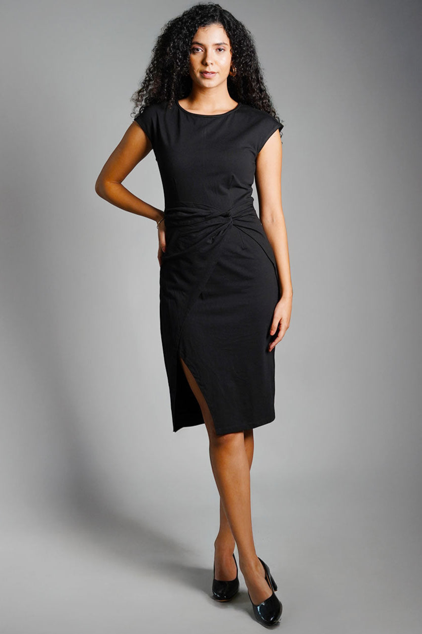 Twist Waist Black Cotton Jersey Sheath Dress