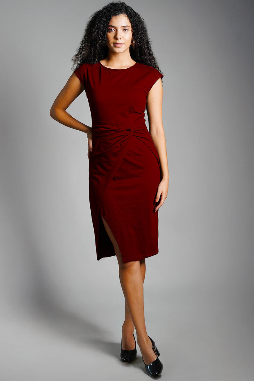 Twist Waist Maroon Cotton Jersey Sheath Dress