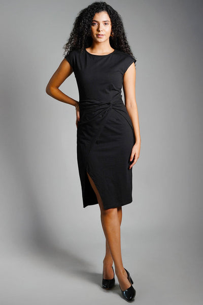 Twist Waist Black Cotton Jersey Sheath Dress